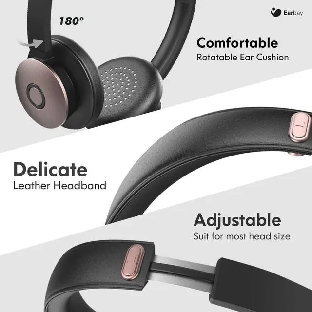 Alt view image 5 of 5 - Earbay Bluetooth Headset with Microphone, Wireless Headset with Noise Cancelling Mic, On Ear Headphone with USB Dongle & Mute Button, 26hrs Talk time for PC/Office/Zoom/Skype Rose Gold