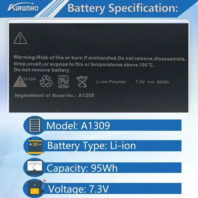 Alt view image 2 of 5 - AURUNHO A1309 95Wh Laptop Battery Compatible with MacBook Pro 17 inch A1297 (2009 2010 Version) EMC 2272 2329 * 2352*Series MC226/A MC226CH/A MC226J/A 020-6313-C 661-5037-A 7.3V