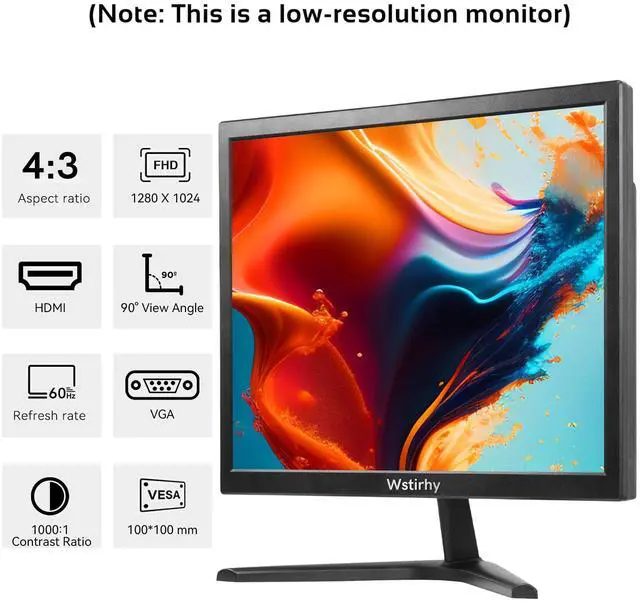 Alt view image 2 of 5 - Wstirhy 17 Inch PC Monitor, 1280x1024 4:3 LED HDMI/VGA Monitor, 60Hz, 5ms, Built-in Speakers, VESA Mountable, Black for Home, Office, and Gaming