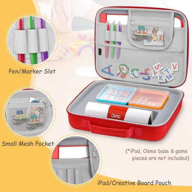 Alt view image 3 of 5 - FINPAC Hard Carrying Case for Osmo Games, Grab-and-Go Large Storage Organizer Briefcase for Osmo Base for iPad, Creative Board, Markers, Pouch, Number, Tangram, Words Tiles, and Coding Blocks, Red
