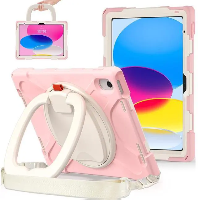 Main image of BKOUNCTK for iPad (A16) 11th/10th Generation Case 2025/2022 (11/10.9),Heavy Sturdy Shockproof Kids Case with Screen Protector,Rotating Stand/Pencil Holder/Shoulder Strap (Sakura Pink)