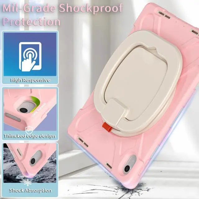 Alt view image 2 of 5 - BKOUNCTK for iPad (A16) 11th/10th Generation Case 2025/2022 (11/10.9),Heavy Sturdy Shockproof Kids Case with Screen Protector,Rotating Stand/Pencil Holder/Shoulder Strap (Sakura Pink)