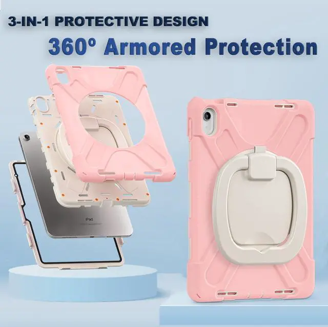 Alt view image 3 of 5 - BKOUNCTK for iPad (A16) 11th/10th Generation Case 2025/2022 (11/10.9),Heavy Sturdy Shockproof Kids Case with Screen Protector,Rotating Stand/Pencil Holder/Shoulder Strap (Sakura Pink)