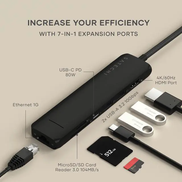 Alt view image 2 of 5 - Satechi 7 in 1 USB C Hub Multiport Adapter with 4K HDMI, 100W PD Charging, 2X USB-A Data Ports, Micro/SD Card Readers, Ethernet, for MacBook, Windows - Black
