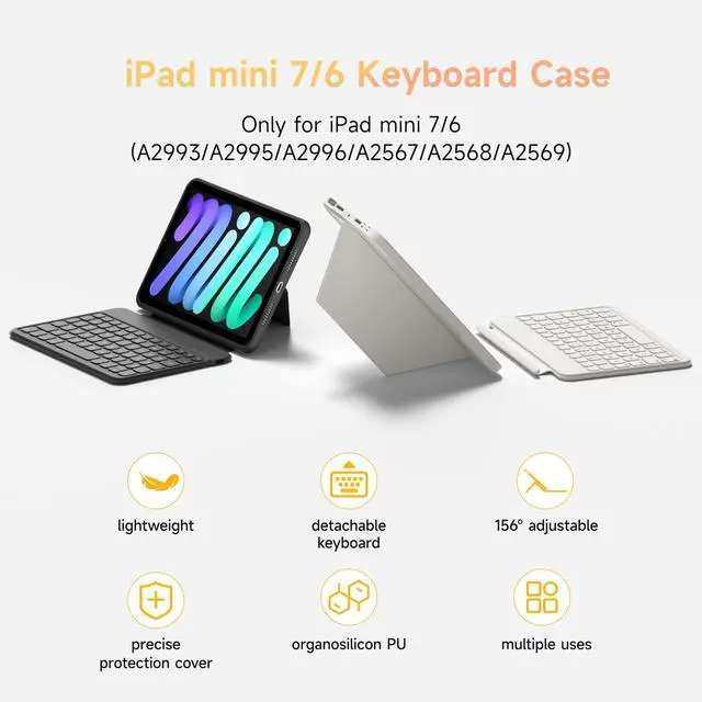 Alt view image 2 of 5 - HOU Keyboard Case for iPad mini 7/6, 156° Adjustable Stand, Detachable Full Protective Case for iPad mini 7/6, 11 Shortcut Keys, 7 Color Backlight, Silicone PU, Multifunction, Bluetooth