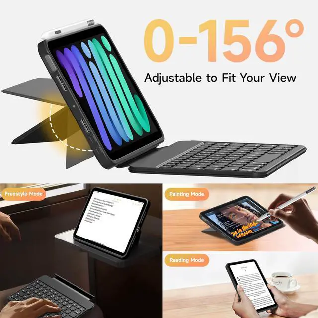 Alt view image 3 of 5 - HOU Keyboard Case for iPad mini 7/6, 156° Adjustable Stand, Detachable Full Protective Case for iPad mini 7/6, 11 Shortcut Keys, 7 Color Backlight, Silicone PU, Multifunction, Bluetooth