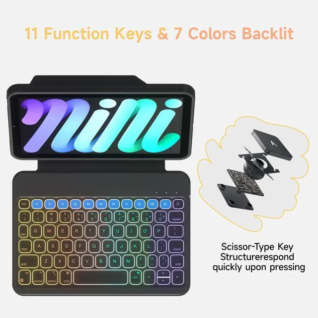Alt view image 5 of 5 - HOU Keyboard Case for iPad mini 7/6, 156° Adjustable Stand, Detachable Full Protective Case for iPad mini 7/6, 11 Shortcut Keys, 7 Color Backlight, Silicone PU, Multifunction, Bluetooth