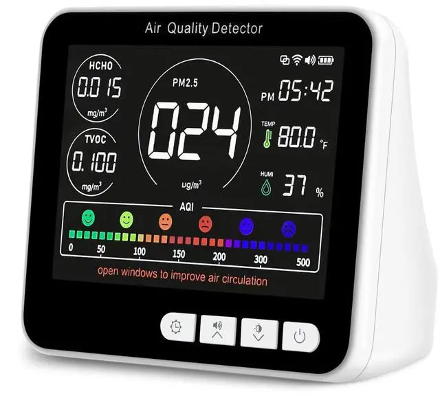 Main image of 14 in 1 Air Quality Monitor Indoor with Beep Alarm, 6 AQI Air Quality Detector with PM1.0|PM2.5|PM10|HCHO|TVOC|AQI|Temperature|Humidity|Time for Home, Hotel, Office, Car, Battery Powered Air Monitor