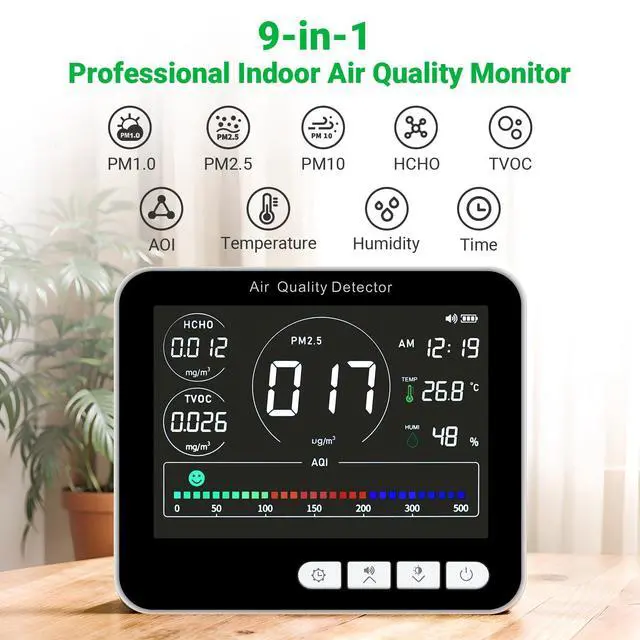 Alt view image 2 of 5 - 14 in 1 Air Quality Monitor Indoor with Beep Alarm, 6 AQI Air Quality Detector with PM1.0|PM2.5|PM10|HCHO|TVOC|AQI|Temperature|Humidity|Time for Home, Hotel, Office, Car, Battery Powered Air Monitor