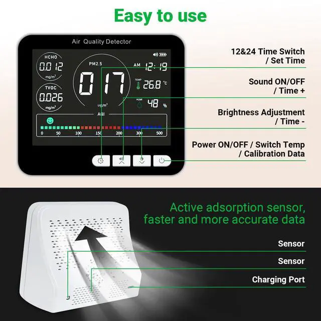 Alt view image 5 of 5 - 14 in 1 Air Quality Monitor Indoor with Beep Alarm, 6 AQI Air Quality Detector with PM1.0|PM2.5|PM10|HCHO|TVOC|AQI|Temperature|Humidity|Time for Home, Hotel, Office, Car, Battery Powered Air Monitor