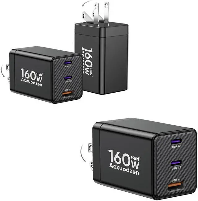 Main image of Acxuodzen USB C Charger Block 160W 3 Pack3-Port GaN Super Fast Charger, Dual 65W Type C Charging Block, Foldable QC3.0 Laptop Fast Charging for MacBook, iPhone, Samsung, Galaxy, iPad, Android, Black