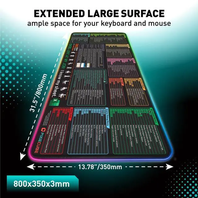 Alt view image 2 of 5 - Excel Shortcut Keys LED Mouse Pad - Colorful RGB Luminous Extended Large Cheat Sheet Gaming Mousepad| PC Office Spreadsheet Keyboard Mat| Non-Slip Stitched Edge