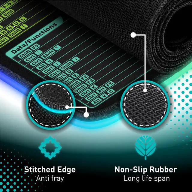 Alt view image 3 of 5 - Excel Shortcut Keys LED Mouse Pad - Colorful RGB Luminous Extended Large Cheat Sheet Gaming Mousepad| PC Office Spreadsheet Keyboard Mat| Non-Slip Stitched Edge