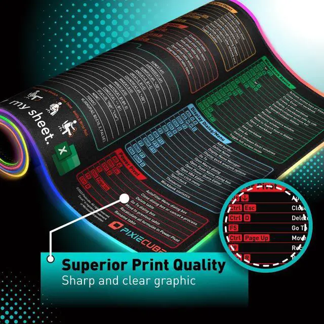 Alt view image 4 of 5 - Excel Shortcut Keys LED Mouse Pad - Colorful RGB Luminous Extended Large Cheat Sheet Gaming Mousepad| PC Office Spreadsheet Keyboard Mat| Non-Slip Stitched Edge