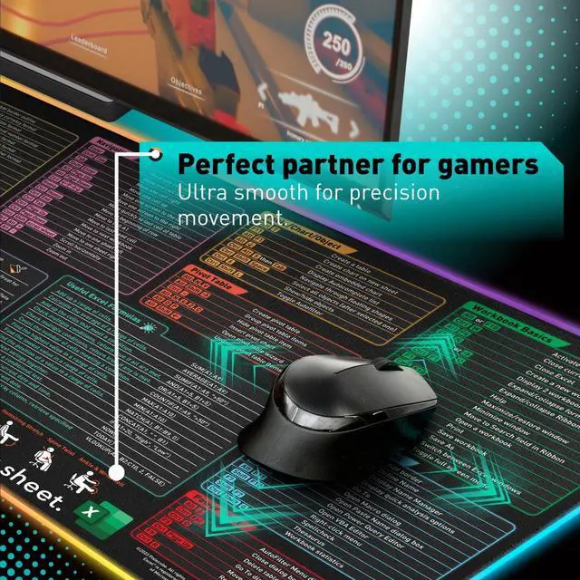 Alt view image 5 of 5 - Excel Shortcut Keys LED Mouse Pad - Colorful RGB Luminous Extended Large Cheat Sheet Gaming Mousepad| PC Office Spreadsheet Keyboard Mat| Non-Slip Stitched Edge