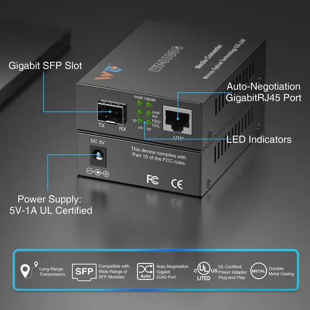 Alt view image 5 of 5 - 2 Pack Fiber Ethernet Media Converter, WTSFOPTC Fiber Optic Transceiver with 2 Pcs 1.25Gbps SFP Transceiver, Gigabit SFP to RJ45 Media Converter with 1000BASE-SX SFP to LC Modular (MMF,850nm,550m,DDM)
