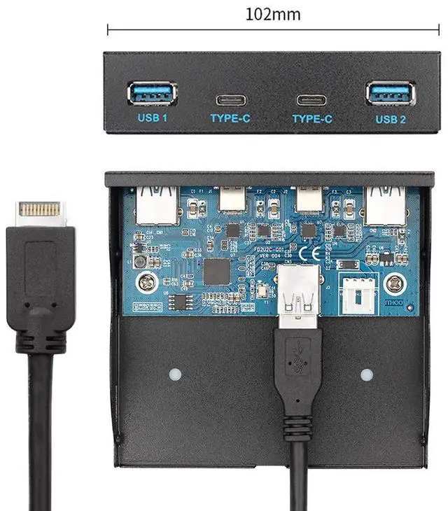 Alt view image 3 of 5 - JSER USB 3.1 Front Panel Header 19Pin to USB-C & USB 3.0 HUB 4 Ports Front Panel Motherboard Cable Compatible for 3.5" Floppy Bay