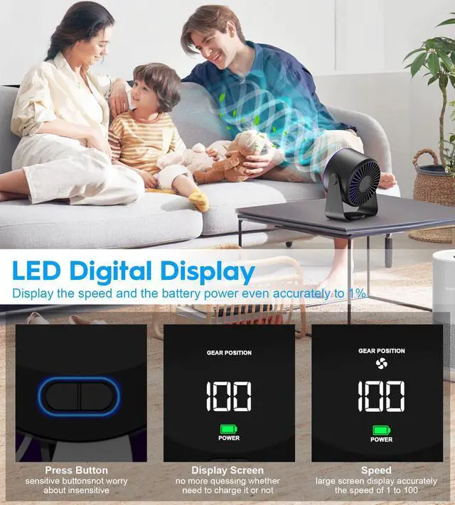 Alt view image 3 of 5 - Desk Fan with Battery Operated, Strong Airflow 100 Speeds Quiet Digital Display Rechargeable Battery Operated Fan Portable Personal Fan for Office, Bedroom, Kitchen, Travel Camping USB Table Fan