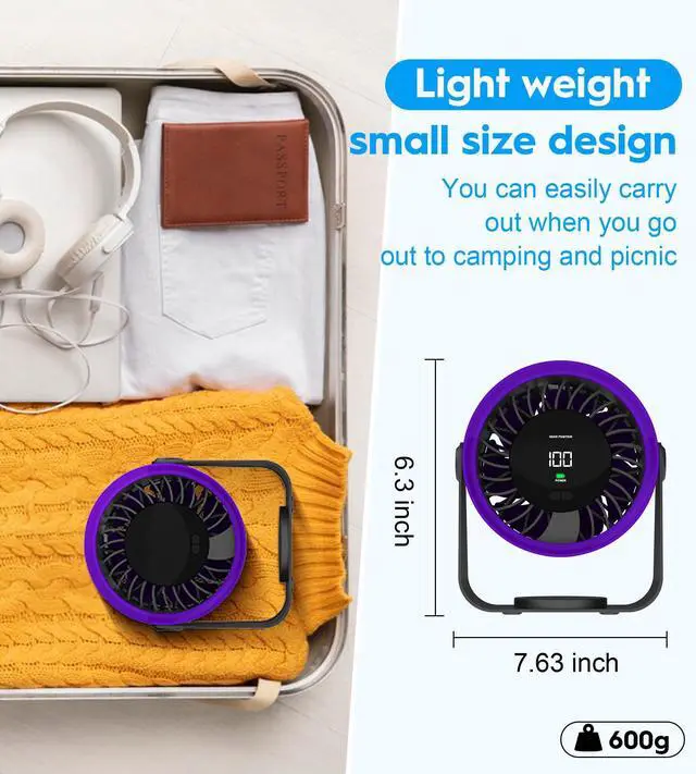 Alt view image 4 of 5 - Desk Fan with Battery Operated, Strong Airflow 100 Speeds Quiet Digital Display Rechargeable Battery Operated Fan Portable Personal Fan for Office, Bedroom, Kitchen, Travel Camping USB Table Fan