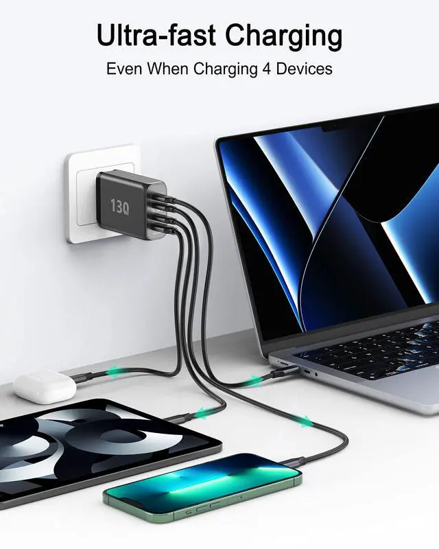 Alt view image 4 of 5 - 130W USB C GaN Wall Charger 4 Port PD 100W PPS 45W Super Fast Charging Station Type-C Laptop QC Power Adapter Multiple Ports for iPhone 13 12 11 iPad MacBook Pro Samsung Pixel Lenovo HP Dell