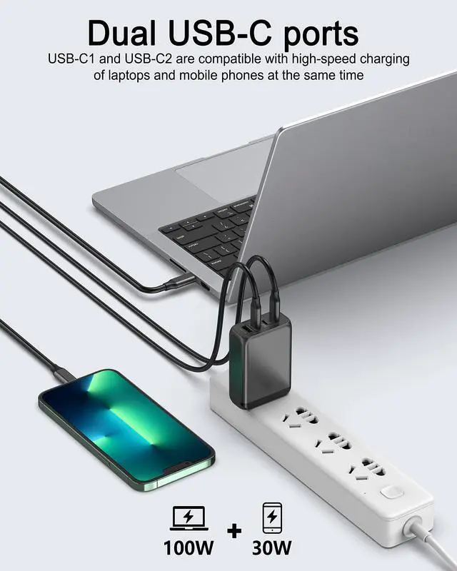 Alt view image 5 of 5 - 130W USB C GaN Wall Charger 4 Port PD 100W PPS 45W Super Fast Charging Station Type-C Laptop QC Power Adapter Multiple Ports for iPhone 13 12 11 iPad MacBook Pro Samsung Pixel Lenovo HP Dell