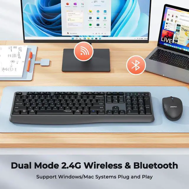 Alt view image 4 of 5 - Wireless Keyboard and Mouse Combo, 2.4G/Bluetooth Silent Full-Size Cordless Keyboard Mouse Combo, 3800 DPI Optical Mouse, Wrist Rest, Portable Keyboard Mouse Set for Mac, Windows, Laptop