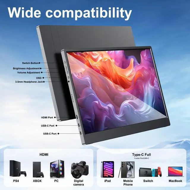 Alt view image 4 of 5 - QiMeng 15.6-inch Portable Laptop Monitor, FHD 1920 * 1080 Resolution, Equipped with USB Type-C and HDMI interfaces, Supports HDR, with Smart Cover, Built-in Speakers (Style, 15.6)