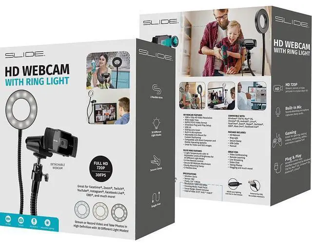 Alt view image 2 of 5 - Slide 720P HD Webcam, Portable Ring Light with Stand |Vlogging Kit for TikTok, YouTube, Twitch, Streaming Equipment |Video Recorder Camera w 30 Light Modes, 30 FPS | 2 Flexible Gooseneck Arms, Clamp