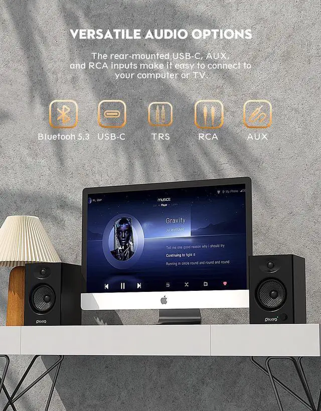 Alt view image 5 of 5 - OHAYO 60W Computer Speakers for Music and Gaming, Active Bluetooth 5.3, Stereo 2.0 Speakers for Desktop PC or Laptop, 3.5mm Aux RCA Input, USB-Powered, 1 Pair, Black
