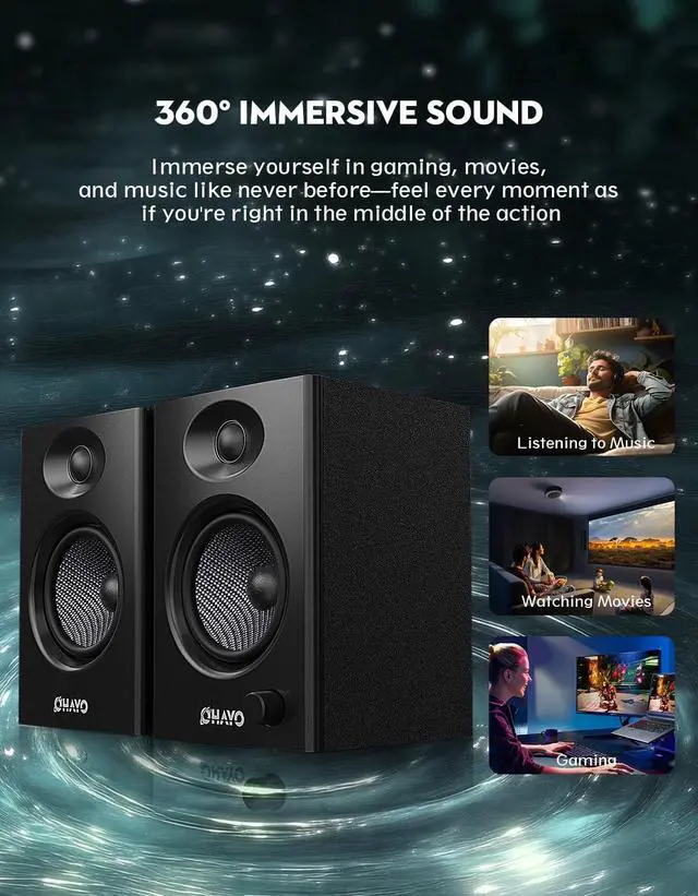 Alt view image 4 of 5 - OHAYO 60W Computer Speakers for Music and Gaming, Active Bluetooth 5.3, Stereo 2.0 Speakers for Desktop PC or Laptop, 3.5mm Aux RCA Input, USB-Powered, 1 Pair, Black