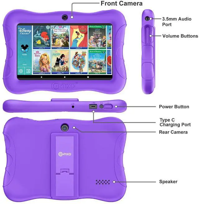 Alt view image 4 of 5 - Contixo Kids Tablet V9, 7-inch HD, Ages 3-7, Includes 50+ Disney Storybooks (Value $200), Toddler Tablet with Camera, Parental Controls, Android 11, 32GB, WiFi, Learning for Kids - Purple