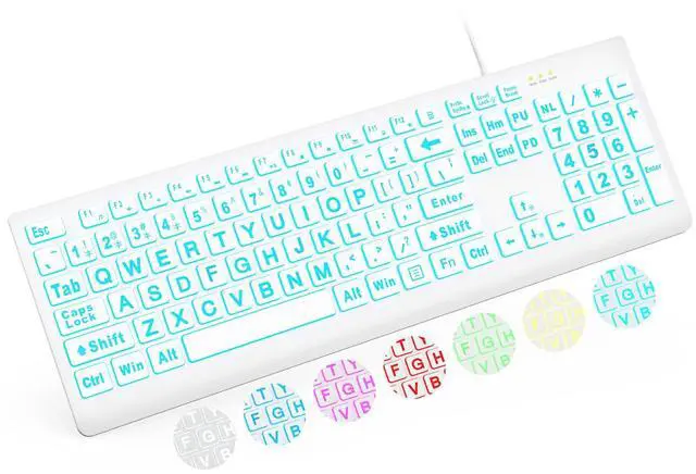 Main image of SABLUTE Large Print Backlit Keyboard, Wired USB Lighted Computer Keyboards with 7-Color & 4 Modes Backlit, Oversize Letters Keys Easy to See and Type, Quiet Keyboard Compatible for PC, Laptop (White)