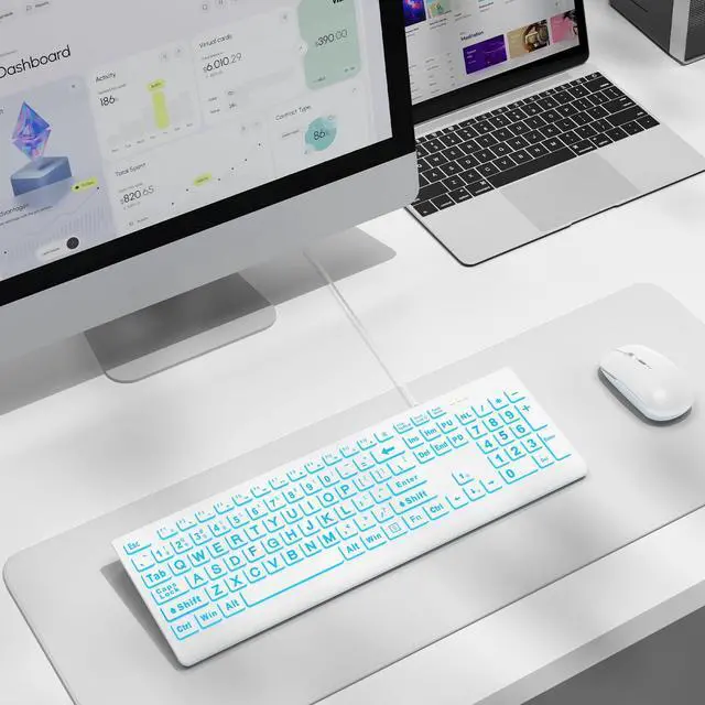 Alt view image 5 of 5 - SABLUTE Large Print Backlit Keyboard, Wired USB Lighted Computer Keyboards with 7-Color & 4 Modes Backlit, Oversize Letters Keys Easy to See and Type, Quiet Keyboard Compatible for PC, Laptop (White)