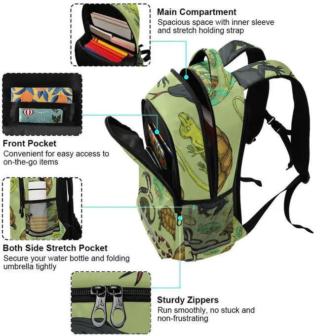 Alt view image 4 of 5 - Glaphy Snakes Lizard Chameleon and Turtle Animal Backpack with Reflective Stripes, Laptop School Book Bag Lightweight Computer Backpacks for Men Women Kids