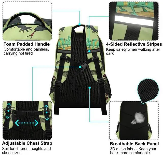 Alt view image 5 of 5 - Glaphy Snakes Lizard Chameleon and Turtle Animal Backpack with Reflective Stripes, Laptop School Book Bag Lightweight Computer Backpacks for Men Women Kids