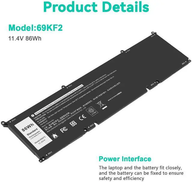 Alt view image 2 of 5 - 69KF2 6-Cell 86Wh 11.4V Battery Replacement for Dell XPS 15 9500 9510 9520 G15 5510 5511 5515 5520 5521 Precision G5 G7 G16 M15 R3 R4 R5 R6 R7 M17 R3 R4 Inspiron 7510 7610 7620 P87F P91F 8FCTC