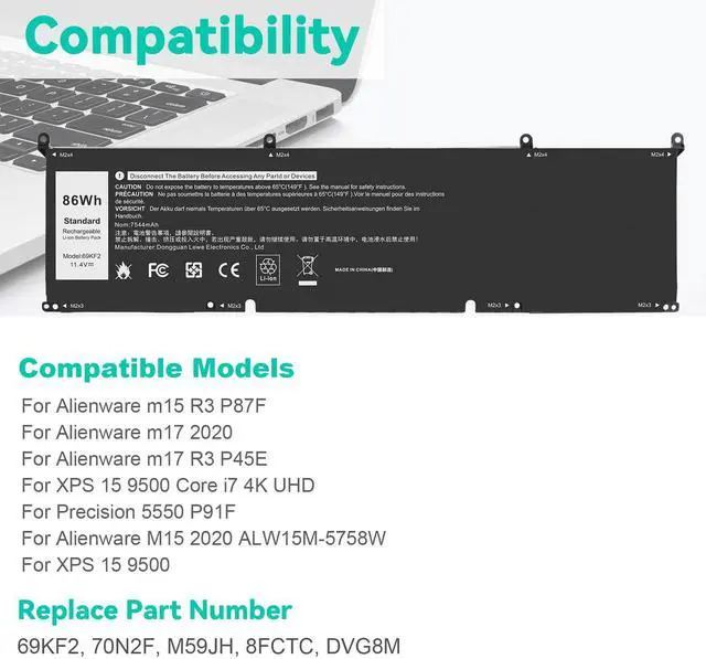 Alt view image 5 of 5 - 69KF2 6-Cell 86Wh 11.4V Battery Replacement for Dell XPS 15 9500 9510 9520 G15 5510 5511 5515 5520 5521 Precision G5 G7 G16 M15 R3 R4 R5 R6 R7 M17 R3 R4 Inspiron 7510 7610 7620 P87F P91F 8FCTC