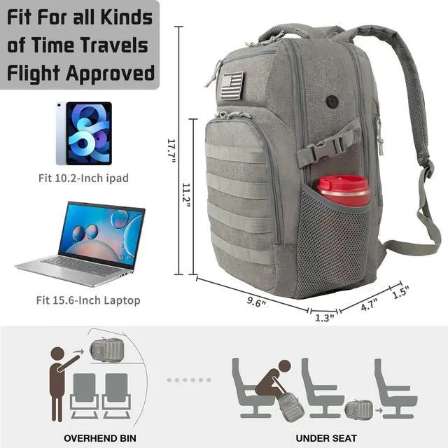 Alt view image 4 of 5 - Ogguno 15'' Travel Laptop Backpack for Men, 25L Tactical College Backpacks with Water Pouches Both Sides, Portable Backpack for Men Women Business Work Bag Fight Approved - Grey Backpack