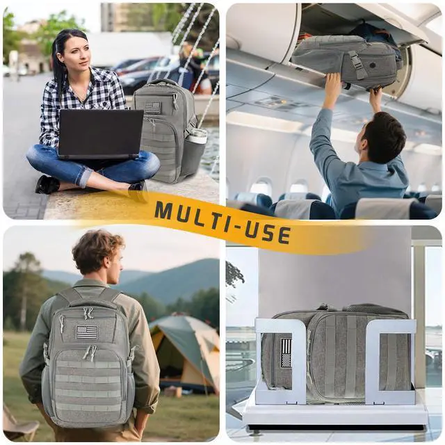 Alt view image 3 of 5 - Ogguno 15'' Travel Laptop Backpack for Men, 25L Tactical College Backpacks with Water Pouches Both Sides, Portable Backpack for Men Women Business Work Bag Fight Approved - Grey Backpack