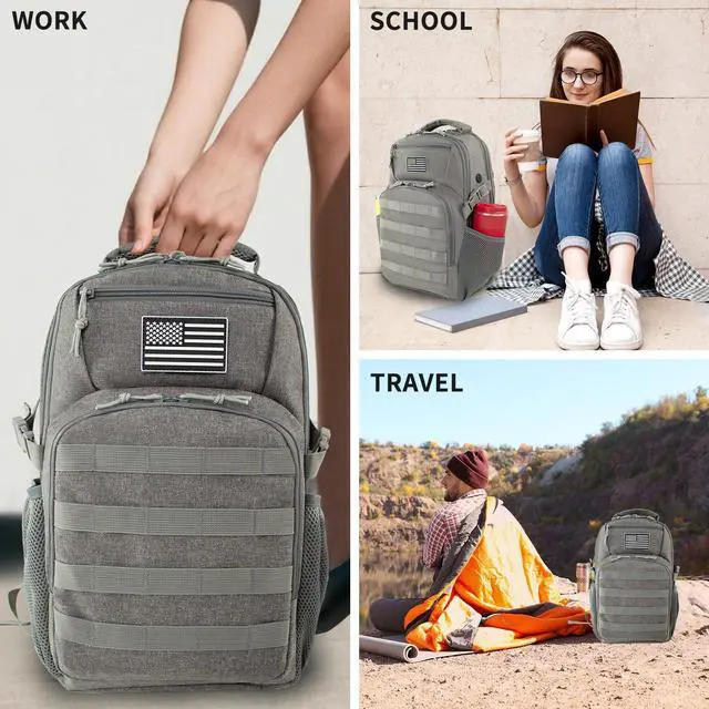 Alt view image 5 of 5 - Ogguno 15'' Travel Laptop Backpack for Men, 25L Tactical College Backpacks with Water Pouches Both Sides, Portable Backpack for Men Women Business Work Bag Fight Approved - Grey Backpack