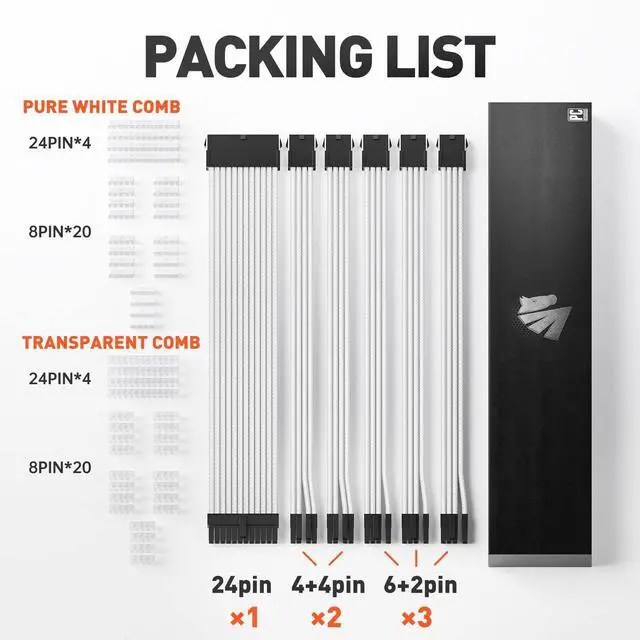 Alt view image 2 of 5 - AsiaHorse 16AWG Pro Power Supply Sleeved Cable, White Power Supply Extension Cable Dual EPS Kit, 1x24-PIN/ 2x8-PORT (4+4) M/B,3x8-PORT (6+2) PCI-E, 30cm Length with 2 Set of Combs