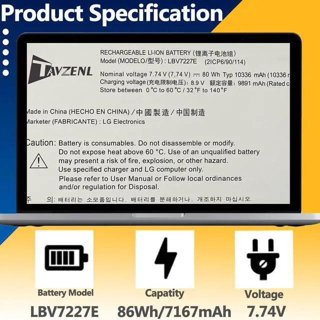 Alt view image 2 of 5 - TAVZENL LBV7227E 80Wh Battery Replacement for LG Gram 16 2021 16Z90PG 16Z90PC 16Z90P 17Z90P Series Gram 17 2020 17Z90N-R.AAS9U1 Series Gram 15 2020 15Z90N-U.ARS5U1 Series 7.74V 10336