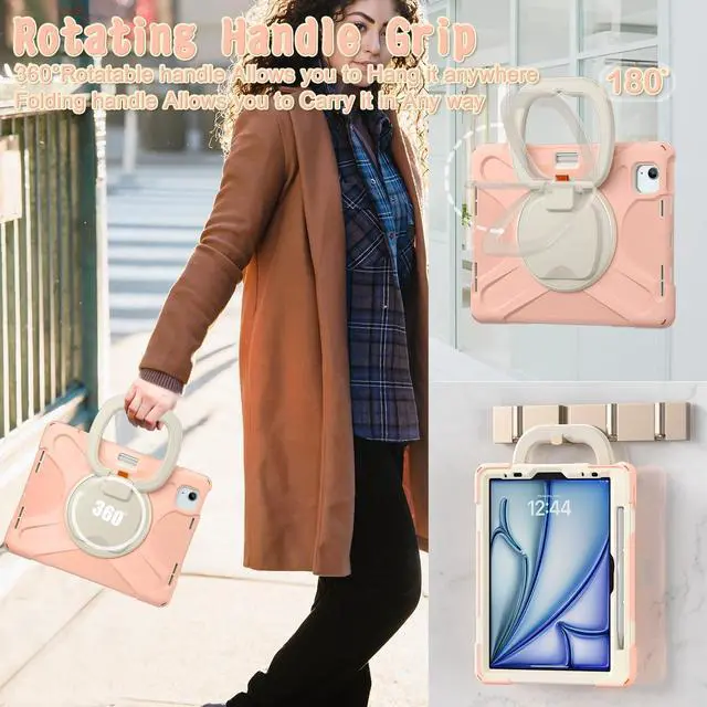 Alt view image 5 of 5 - TSQQST Case for iPad Air 11 Inch M3 M2 2025 2024, iPad Air 7th/6th/5th/4th Generation Case 10.9 Inch with Screen Protector, 360° Rotating Handle Grip, Pencil Holder, Adjustable Shoulder Strap, Gold