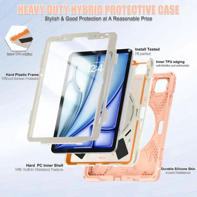 Alt view image 4 of 5 - TSQQST Case for iPad Air 11 Inch M3 M2 2025 2024, iPad Air 7th/6th/5th/4th Generation Case 10.9 Inch with Screen Protector, 360° Rotating Handle Grip, Pencil Holder, Adjustable Shoulder Strap, Gold