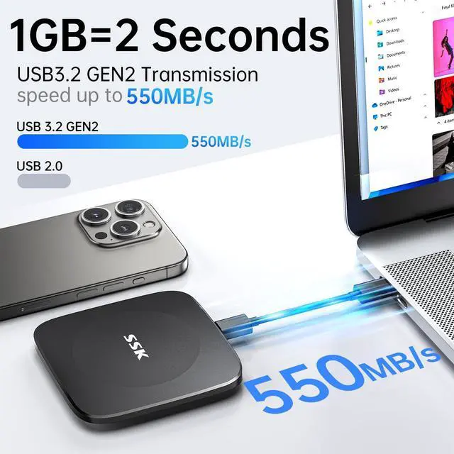 Alt view image 2 of 5 - SSK External SSD 256GB,Portable SSD Hard Drive up to 550MB/s,Solid State Drives Type C+USB A External Storage Drive USB 3.2 GEN2 USB C Drive for iPhone 15/Android/Windows/Tablet/Mac/Xbox