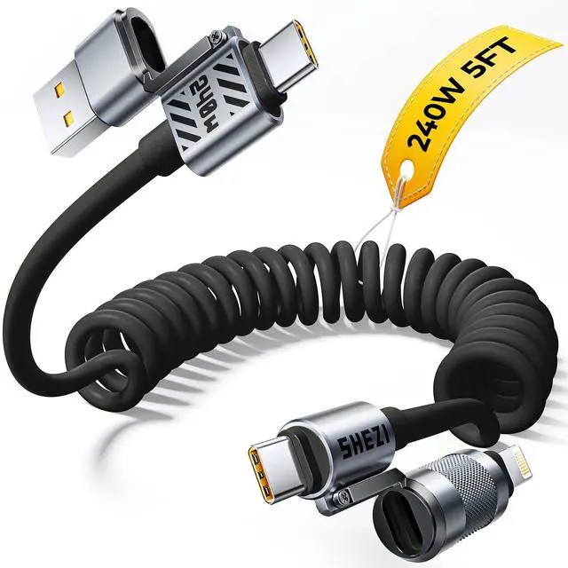 Main image of Jixivor Coiled Black Cable 4-in-1 USB C Cable 240W Compatible with Lightning Cable Fast Charging & Data Transfer, Support to CarPlay & Android Auto, 5FT Multi Cord Combo Charger for iPhone/iPad