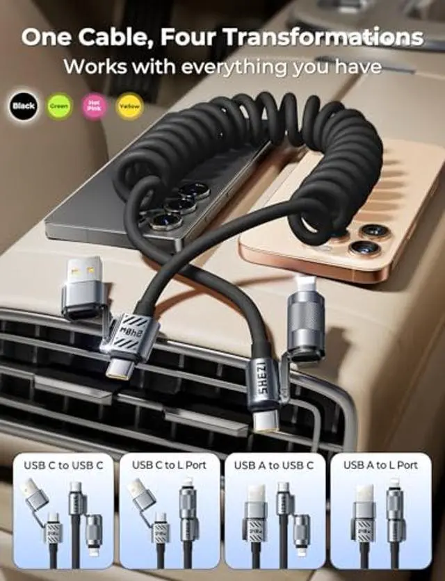 Alt view image 2 of 5 - Jixivor Coiled Black Cable 4-in-1 USB C Cable 240W Compatible with Lightning Cable Fast Charging & Data Transfer, Support to CarPlay & Android Auto, 5FT Multi Cord Combo Charger for iPhone/iPad