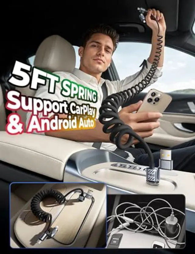 Alt view image 3 of 5 - Jixivor Coiled Black Cable 4-in-1 USB C Cable 240W Compatible with Lightning Cable Fast Charging & Data Transfer, Support to CarPlay & Android Auto, 5FT Multi Cord Combo Charger for iPhone/iPad