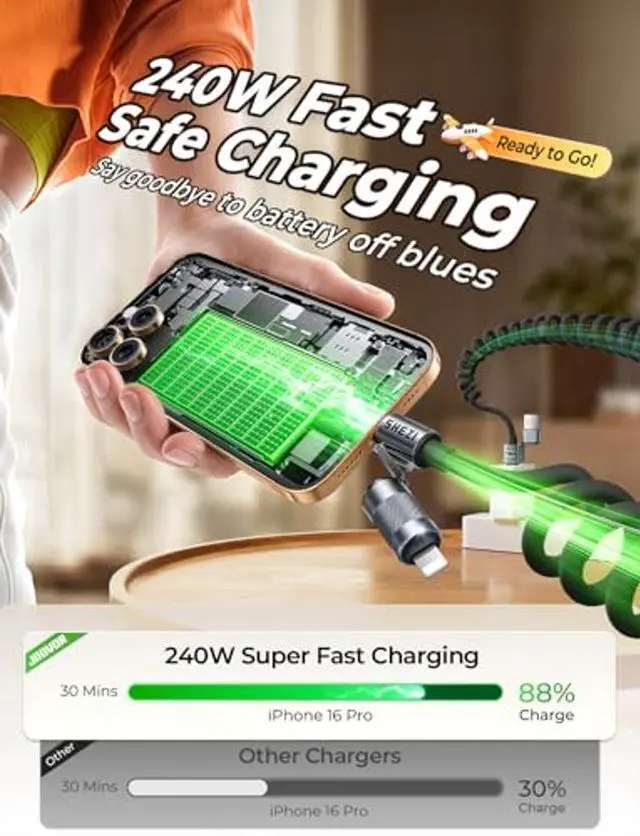 Alt view image 4 of 5 - Jixivor Coiled Black Cable 4-in-1 USB C Cable 240W Compatible with Lightning Cable Fast Charging & Data Transfer, Support to CarPlay & Android Auto, 5FT Multi Cord Combo Charger for iPhone/iPad