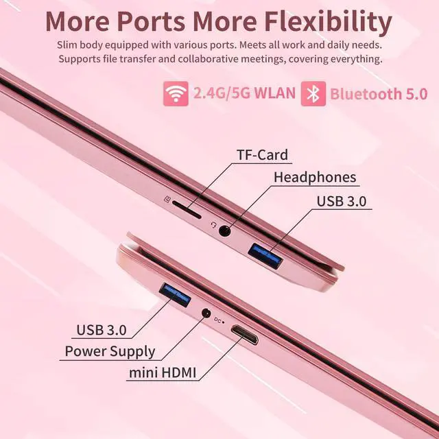 Alt view image 3 of 5 - BINHENGLON 15.6 inch Laptops Computer Celeron N95 FHD 16G RAM SSD Large Screen Bluetooth 5.0 Fingerprint Laptop Windows 11 Ultrabook Wi-Fi 2.4GHz/5GHz, USB3.0(Rose Gold, 16G+256GB SSD)